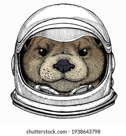 Vector portrait of otter. Head of wild animal. Astronaut animal. Vector portrait. Cosmos and Spaceman. Space illustration about travel to the moon. Funny science hand drawn illustration.
