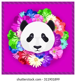 Vector portrait of a panda among the flowers. Beautiful flower frame, rim. Symmetrical portraits of animals. Vector Illustration, greeting card, poster. Icon. Animal face. Image of a panda's face.