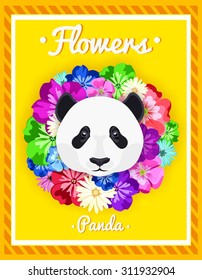 Vector portrait of a panda among the flowers. Beautiful flower frame, rim. Symmetrical portraits of animals. Vector Illustration, greeting card, poster. Icon. Animal face. Font inscription.
