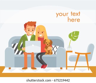 Vector portrait picture of young family,couple with baby child sitting on the couch sofa,doing online shopping order,having conversation talk over video chat,watching video photo content on laptop