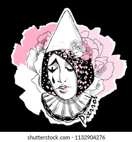 Vector portrait of Pierrot with rose. Hand drawn illustration of Pierrot's face.