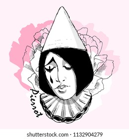 Vector portrait of Pierrot withpink rose. Hand drawn illustration of Pierrot's face.