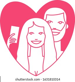 Vector portrait pink outline of smiling young couple taking selfie placed in a valentine heart