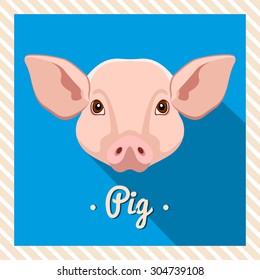 Vector portrait of a  pink pig. Symmetrical portraits of animals. Vector Illustration, greeting card, poster. Icon. Animal face. Font inscription. Image of a pig's face. 