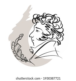 Vector portrait of the poet Alexander Pushkin. Russian poet of the 19th century. Black and white sketch of a hand-drawn portrait.