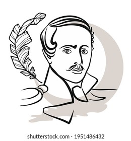 Vector portrait of the poet Mikhail Lermontov. Russian poet, prose writer, playwright, artist. Black and white sketch of a hand-drawn portrait.