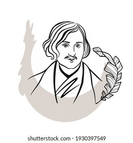 Vector portrait of the poet and writer of the 19th century Nikolai Gogol. Famous Russian prose writer, playwright, poet, critic, publicist. Black and white sketch of a hand-drawn portrait.