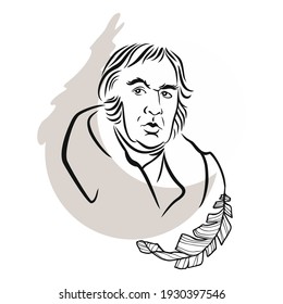 Vector portrait of poet and writer Ivan Krylov. A well-known Russian publicist, fabulist, poet, publisher of satirical and educational magazines. Black and white sketch of a hand-drawn portrait.