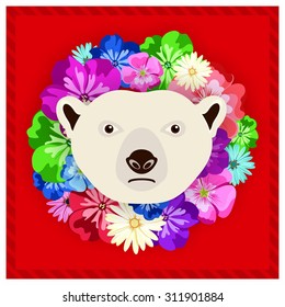 Vector portrait of a polar bear among the flowers. Beautiful flower frame, rim. Symmetrical portraits of animals. Vector Illustration, greeting card, poster. Icon.  Image of a polar bear face.
