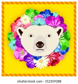 Vector portrait of a polar bear among the flowers. Beautiful flower frame. Symmetrical portraits of animals. Vector Illustration, greeting card, poster. Icon. Animal face. Image of a polar bear face.