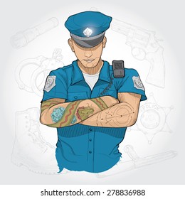 Vector Portrait of Policeman. Policeman Equipment background.