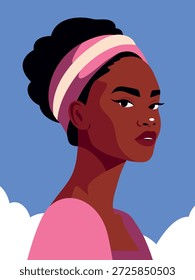 Cartel de retrato de Vector de una mujer afroamericana de perfil. Mujer de piel oscura con rasgos faciales expresivos para temas de diversidad, belleza, moda, cultura. Avatar para redes sociales