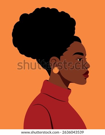 Vector portrait, poster, avatar, illustration African American, black woman, sideways pose. Curly afro hairstyle avatar for social networks