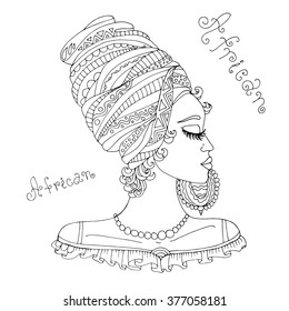 Vector portrait in profile of a beautiful African girl in a scarf drape with ornament on her head and a large earring. Original hand drawn inscription African. On a white background