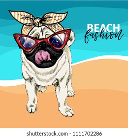 Vector portrait of pug dog wearing sunglasses and retro bandana. Summer fashion illustration. Vacation, sea, beach, ocean. Hand drawn pet portait. Poster, t-shirt print, holiday, postcard, summertime