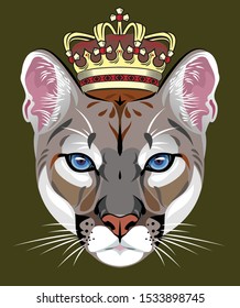 Vector portrait of  Puma, wild cat with a golden crown on his head