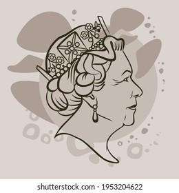 Vector portrait of Queen Elizabeth II. The current Queen of Great Britain. Monarch in fifteen independent states. Black and white vector drawing from Russia for March 18, 2021.
