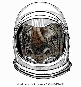 Vector portrait of rhinoceros, rhino. Wild african animal. Astronaut animal. Vector portrait. Cosmos and Spaceman. Space illustration about travel to the moon. Funny science hand drawn illustration.