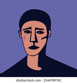 Vector portrait of sad pierrot retro style. Illustration of Pierrot's face. Cartoon character Pierrot the clown.
