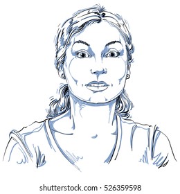 Vector portrait of scared woman, illustration of amazed or frightened female. Person emotional face expression, surprise.