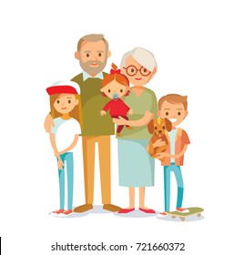 Vector portrait of senior couple grandparents  with grandchildren.Grandma grandpa and grandson with granddaughter. Relatives generations holiday weekend meeting. - Shutterstock ID 721660372