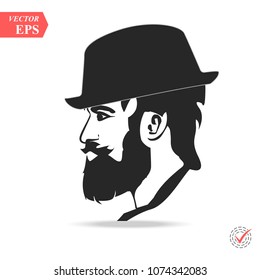 Vector portrait of serious bearded man wearing hat looking away. eps