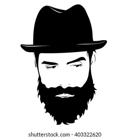 Vector portrait of serious bearded man wearing hat looking away.