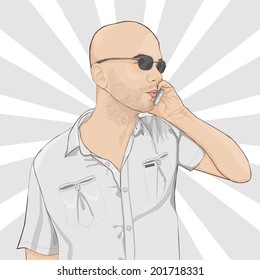 Vector portrait of serious man with cellphone