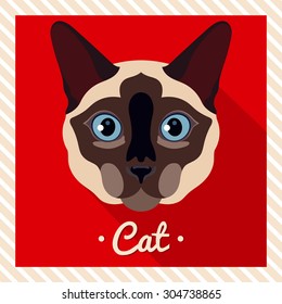 Vector portrait of a  Siamese cat. Symmetrical portraits of animals. Vector Illustration, greeting card, poster. Icon. Animal face. Font inscription. Image of a cat's face.