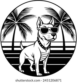 Vector portrait of Siberian husky dog wearing sunglasses and retro bow. Summer fashion illustration. Vacation, sea, beach, ocean. Hand drawn pet portrait. Poster, t-shirt print, holiday, summertime.