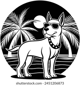 Vector portrait of Siberian husky dog wearing sunglasses and retro bow. Summer fashion illustration. Vacation, sea, beach, ocean. Hand drawn pet portrait. Poster, t-shirt print, holiday, summertime.