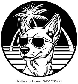 Vector portrait of Siberian husky dog wearing sunglasses and retro bow. Summer fashion illustration. Vacation, sea, beach, ocean. Hand drawn pet portrait. Poster, t-shirt print, holiday, summertime.