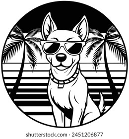 Vector portrait of Siberian husky dog wearing sunglasses and retro bow. Summer fashion illustration. Vacation, sea, beach, ocean. Hand drawn pet portrait. Poster, t-shirt print, holiday, summertime.