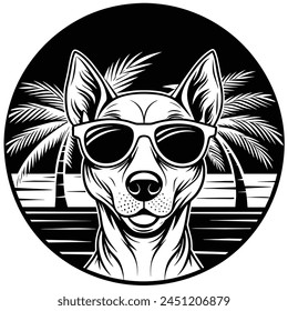 Vector portrait of Siberian husky dog wearing sunglasses and retro bow. Summer fashion illustration. Vacation, sea, beach, ocean. Hand drawn pet portrait. Poster, t-shirt print, holiday, summertime.