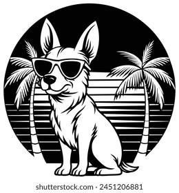 Vector portrait of Siberian husky dog wearing sunglasses and retro bow. Summer fashion illustration. Vacation, sea, beach, ocean. Hand drawn pet portrait. Poster, t-shirt print, holiday, summertime.