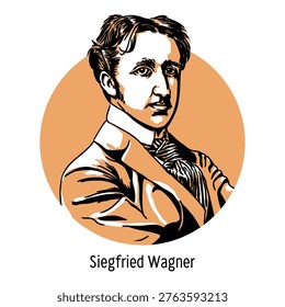 Vector portrait of Siegfried Wagner, the German composer, conductor, and director of the Bayreuth Festival. Historical illustration in a classic engraving style, representing the famous musical dynasty