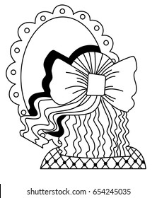 Vector portrait silhouette of girl with curly hair and big bow looking at the mirror at her shade on white background. Isolated cartoon illustration of little kid for banner, logo design, high quality