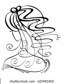 Vector portrait silhouette of woman hairstyle with long curvy hair. Logo design for poster or banner, isolated illustration in black color on the white background