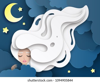 Retrato vectorial de una joven y hermosa mujer dormida con el pelo largo y ondulado. Nubes de papel, luna y estrellas. Dulce concepto de sueños. Arte moderno en capas de papel digital, estilo originami. 