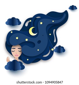 Retrato vectorial de una joven y hermosa mujer dormida con el pelo largo y ondulado. Nubes de papel, luna y estrellas. Dulce concepto de sueños. Arte moderno en capas de papel digital, estilo originami. 