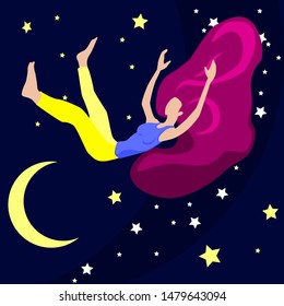 Vector portrait of a sleeping young beautiful woman with long wavy hair. Which fell into a dream. Against the background of the moon and stars. The concept of sweet dreams.