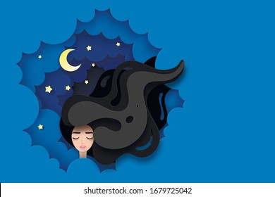 Vector portrait of sleeping young beautiful woman with long wavy hair. Fluffy paper clouds, moon and stars. Sweet dreams concept. Modern digital paper layered art. Origami style. 