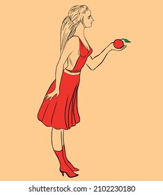 Vector Portrait of a slender beautiful girl with long blond hair in a red dress and boots holding a red apple in her hand