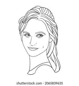 Vector portrait of a smiling beautiful young woman, coloring page
