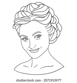 Vector portrait of a smiling beautiful young woman, coloring page