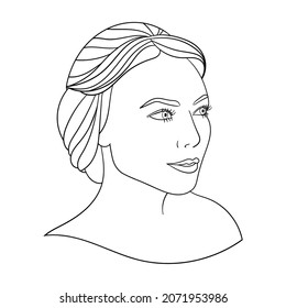Vector portrait of a smiling beautiful young woman, coloring page