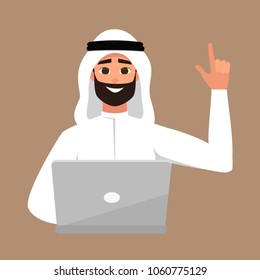 Vector portrait of smiling brunette arab man with laptop. Student learning illustration contains moslem boy with his hand up as a sign of an idea