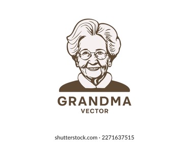 Vector portrait of a smiling cute old lady in round glasses on a white isolated background. Inscription grandma. Logo, sticker or icon.