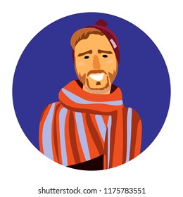 Vector portrait of smiling man in a scarf in a circle for illustration and stiker
