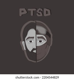 Vector Portrait Of A Soldier.  War Veteran Has Depression, Mental Health, Emotional Problems, Post-traumatic Stress Disorder, Rehabilitation.